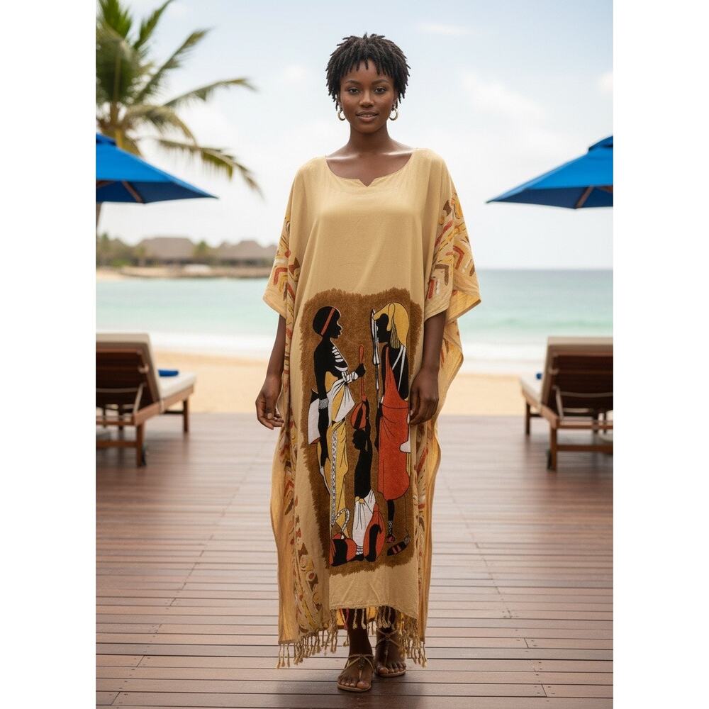 Vintage 1980s Graphic Print Fringe Kaftan Dress One Size